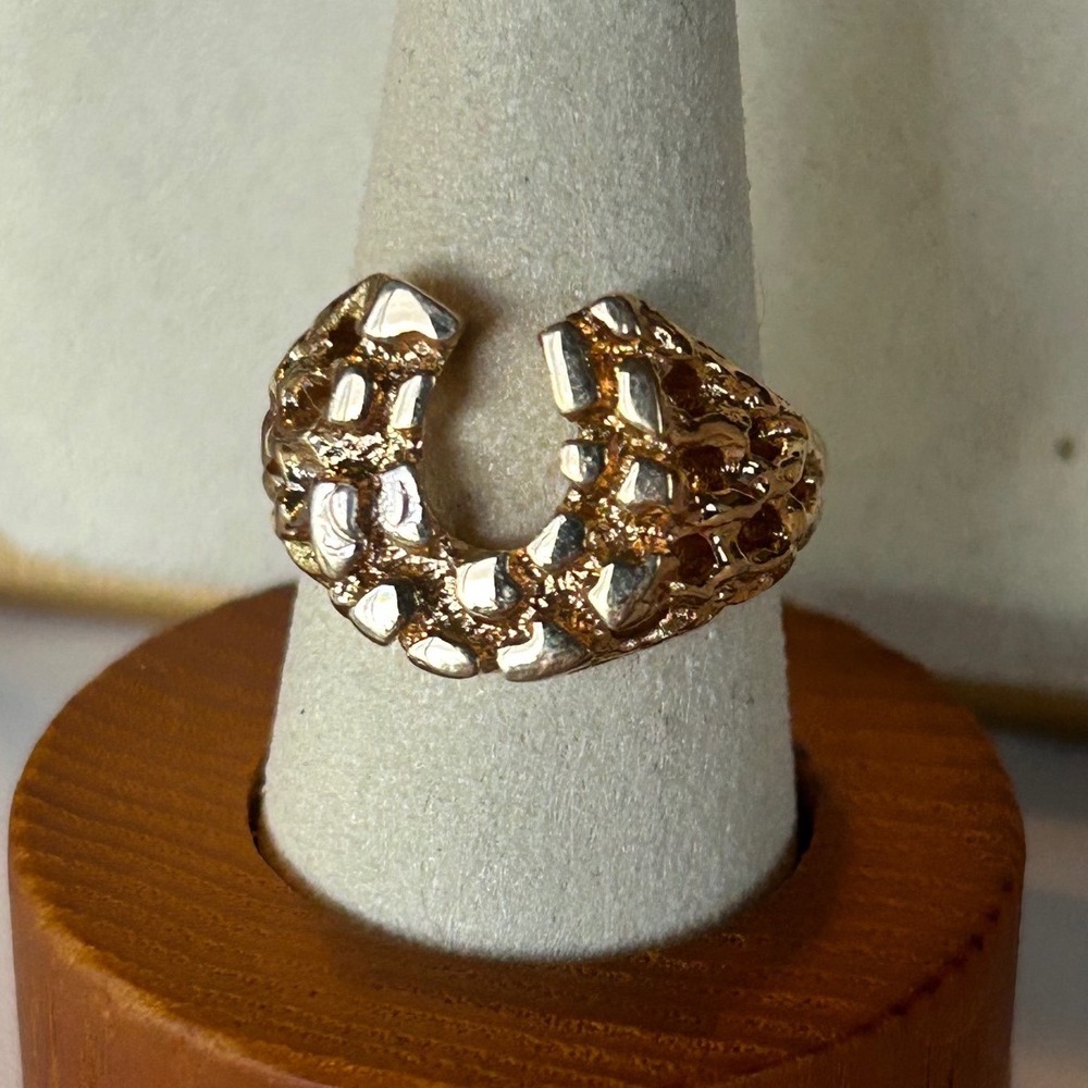 Horseshoe Nugget Statement Ring Vintage 18K HGE Gold Tone Size 6.5 Cowgirl